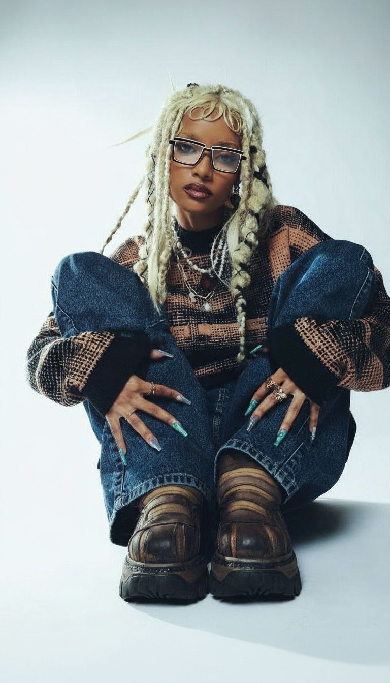 Person with braided hair wearing glasses, a plaid shirt, jeans, and boots on a white background