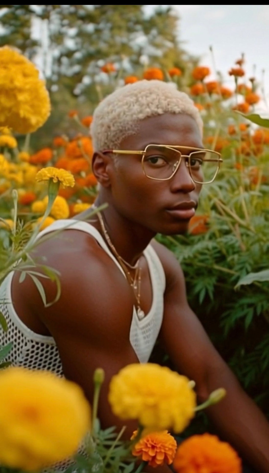 Person with blonde hair and glasses surrounded by yellow and orange flowers
