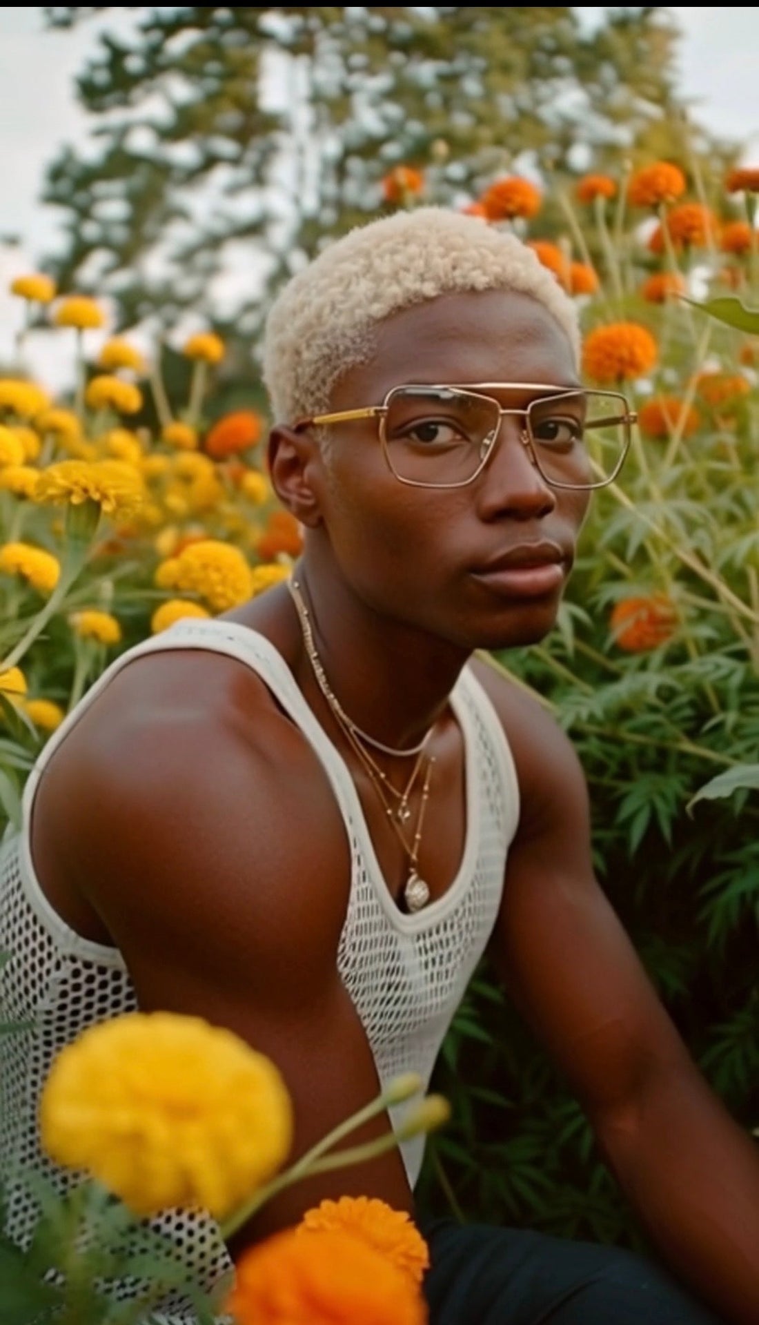 Person with blonde hair wearing glasses in a garden with yellow and orange flowers