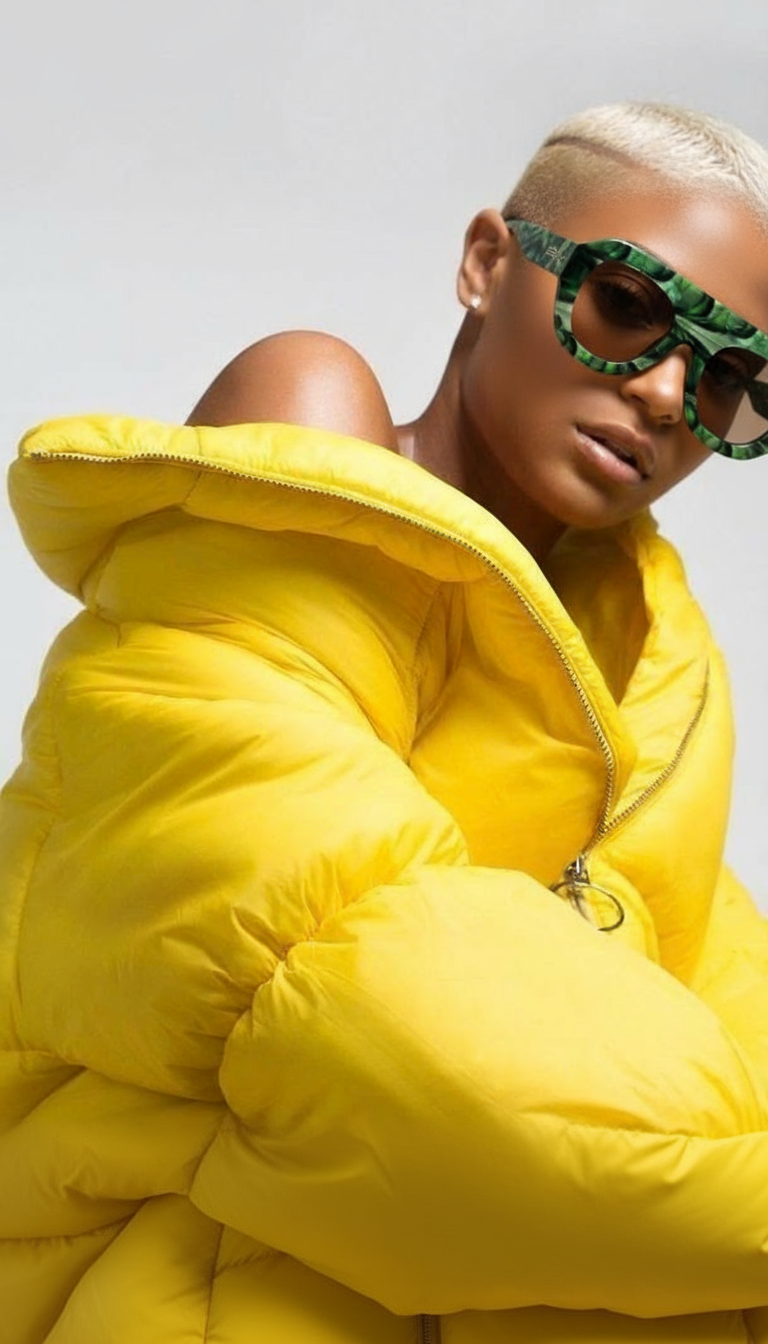 Person wearing a bright yellow puffer jacket and green sunglasses on a light gray background