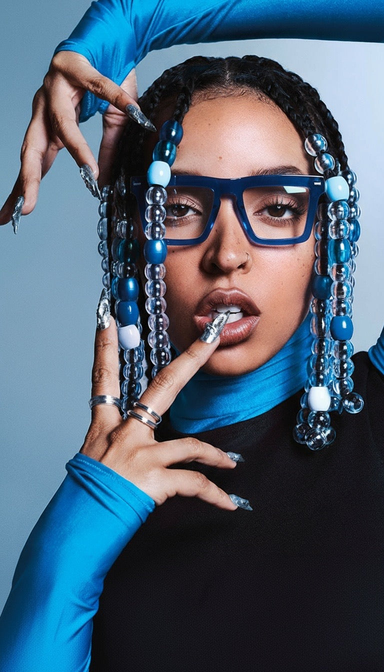 Person wearing blue sunglasses and blue beads in hair against a gray background