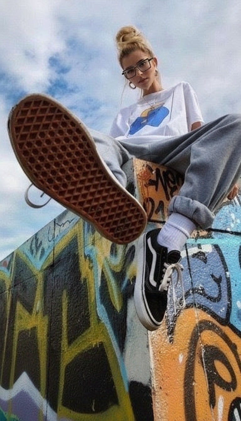 Person wearing Vans shoes on a graffiti-covered wall