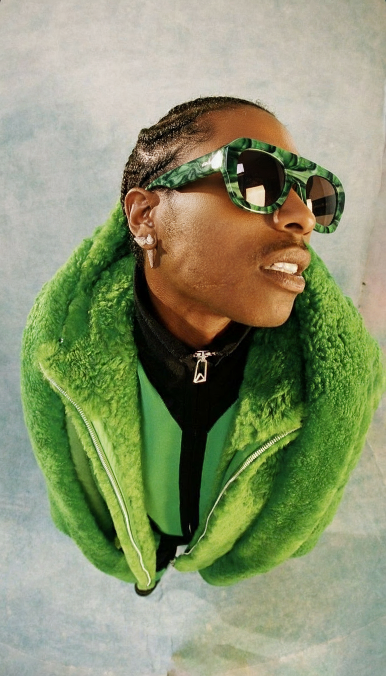 Person wearing a green fur coat and sunglasses against a neutral background