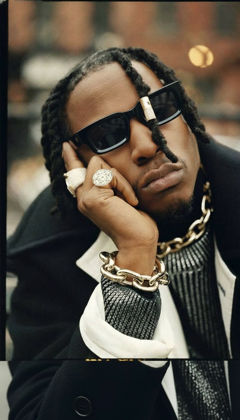 Person wearing sunglasses, a gold chain, and a ring with a blurred background