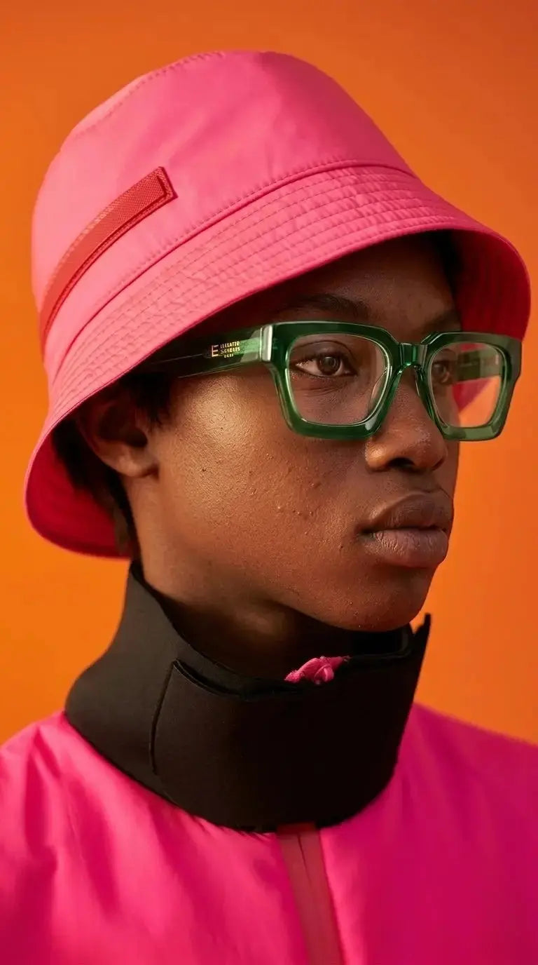 Model wearing Liberated Eyewear, Inc. Jade rectangular translucent green acetate glasses with a bright pink bucket hat