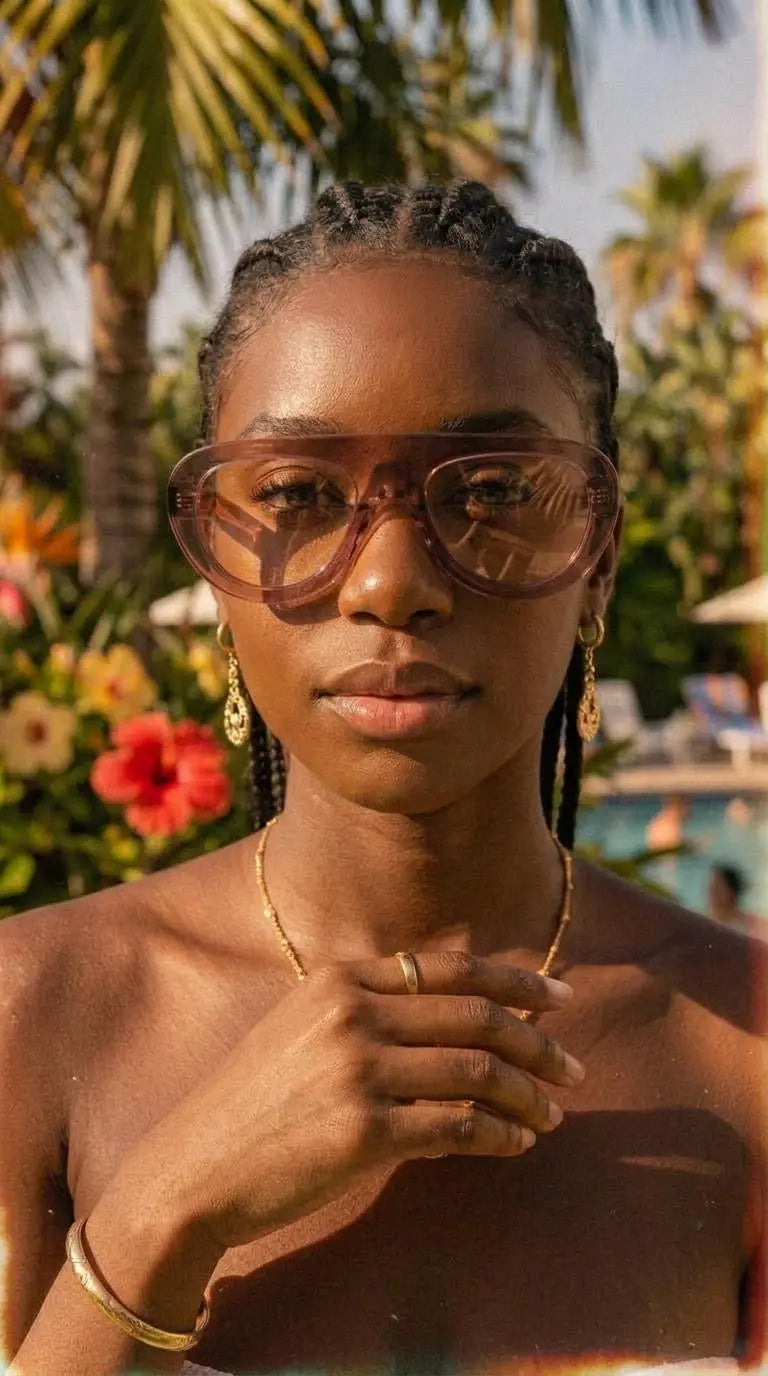 A woman outdoors wearing oversized translucent brown sunglasses, with palm trees and flowers blurred in the background.