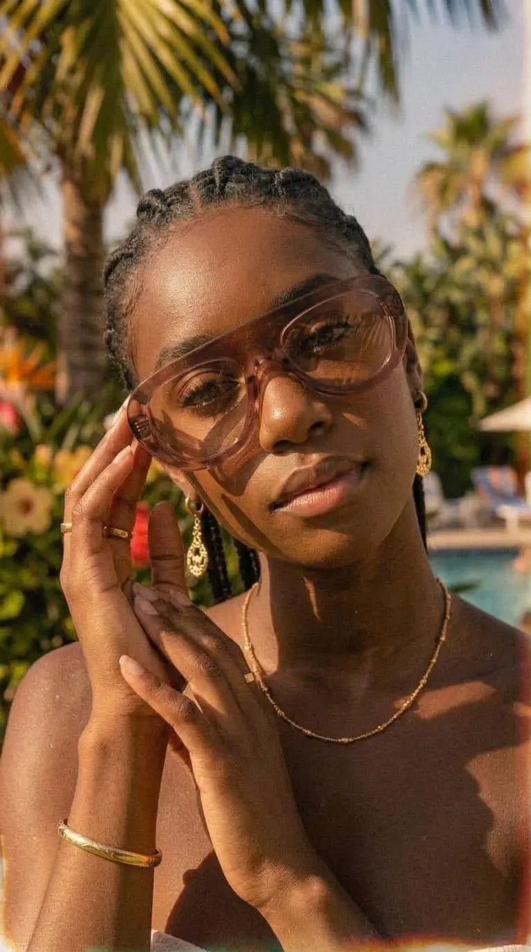 A woman wearing oversized square sunglasses with a translucent brown frame and gold-toned jewelry, posing outdoors near palm trees and a pool.