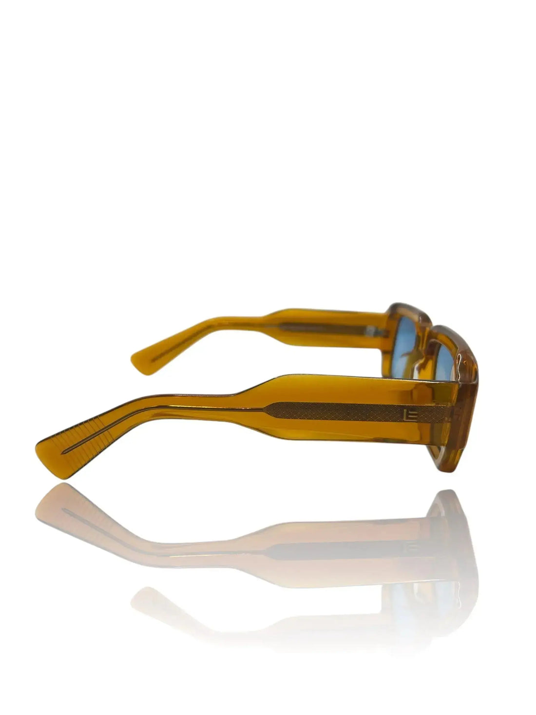 A pair of sunglasses with orange frames and blue polarized lenses, placed on a reflective surface.