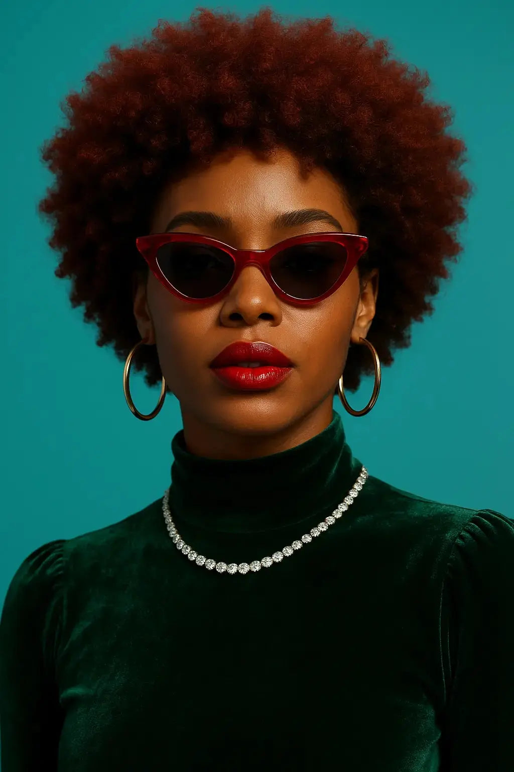 woman in a green shirt and red afro wearing red cat eye sunglasses on a green backdrop 