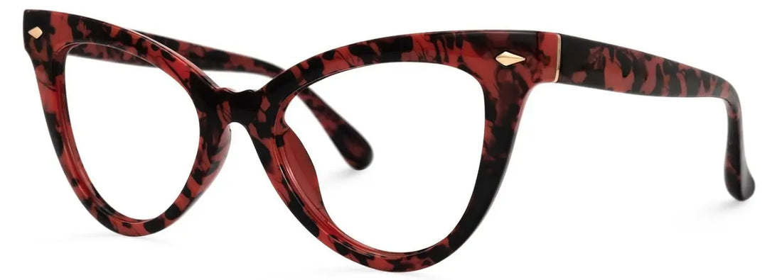 g Cat-eye glasses with a red and black tortoiseshell pattern on a white background